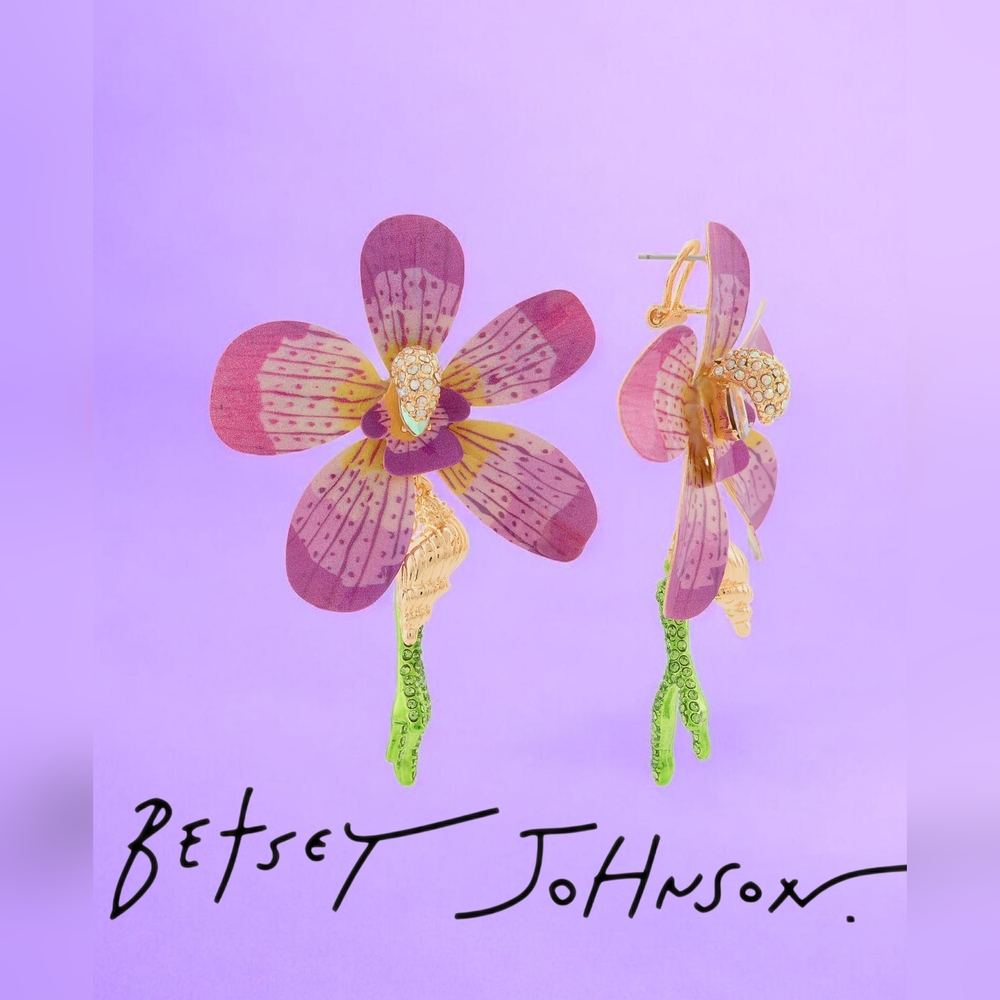 NEW Betsey Johnson Mermaid Jewels Orchid Coral Statement Earrings 3" Long Drop - Picture 2 of 5